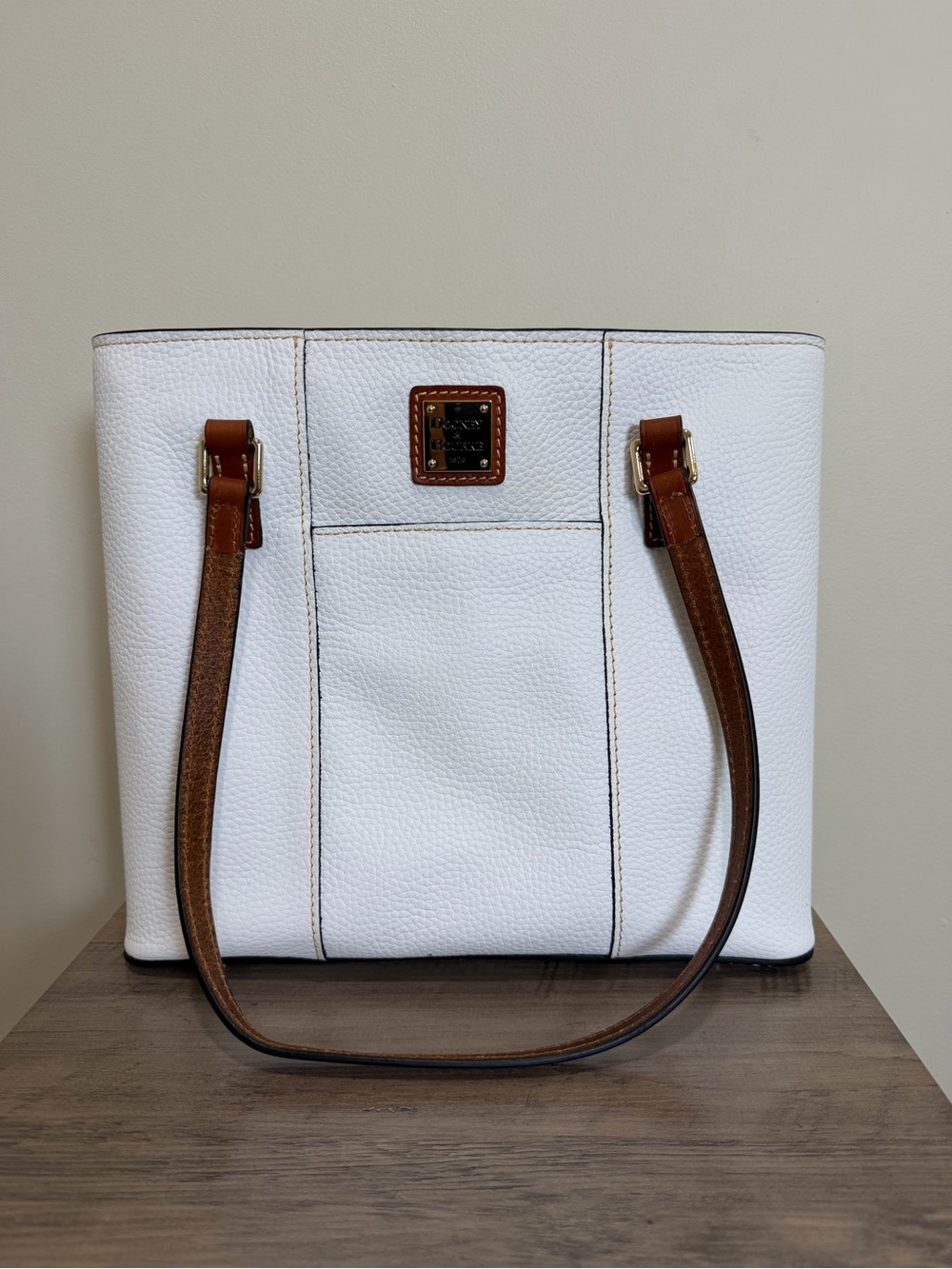 Dooney & Bourke White Pebble Leather Tote with Brown Trim